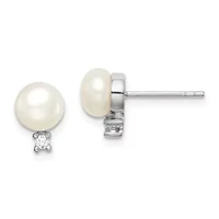 Sterling Silver Rhodium-plated 6-7mm White Button Freshwater Cultured Pearl Cubic Zirconia Earrings