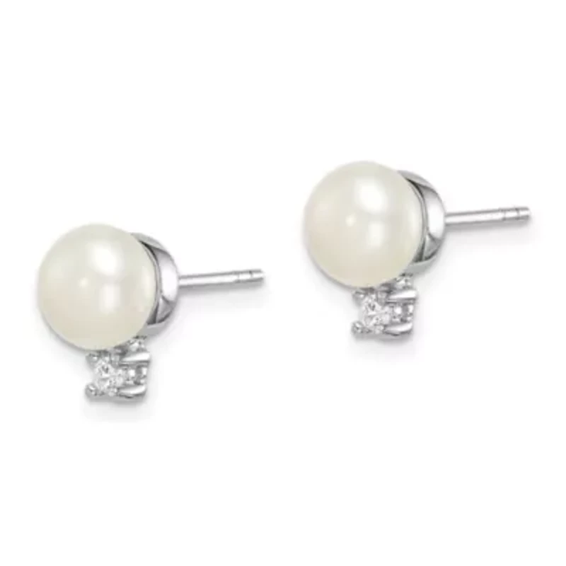 Sterling Silver Rhodium-plated 6-7mm White Button Freshwater Cultured Pearl Cubic Zirconia Earrings