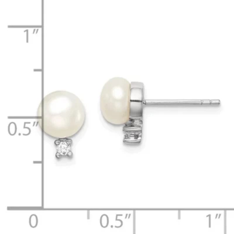 Sterling Silver Rhodium-plated 6-7mm White Button Freshwater Cultured Pearl Cubic Zirconia Earrings