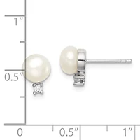 Sterling Silver Rhodium-plated 6-7mm White Button Freshwater Cultured Pearl Cubic Zirconia Earrings