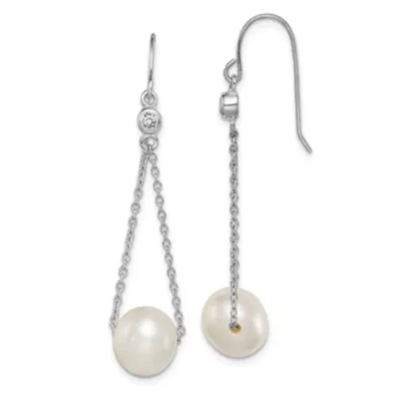 Sterling Silver Rhodium-plated 9-10mm White Freshwater Cultured Pearl Cubic Zirconia Dangle Earrings