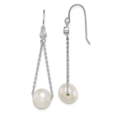 Sterling Silver Rhodium-plated 9-10mm White Freshwater Cultured Pearl Cubic Zirconia Dangle Earrings
