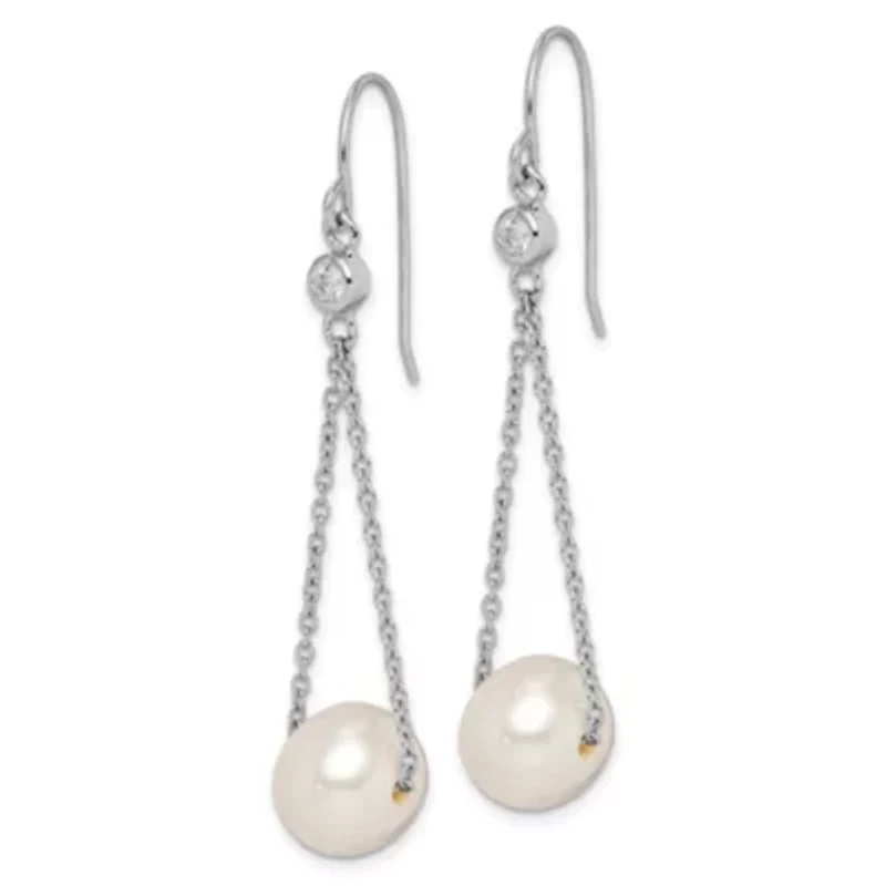 Sterling Silver Rhodium-plated 9-10mm White Freshwater Cultured Pearl Cubic Zirconia Dangle Earrings