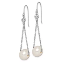 Sterling Silver Rhodium-plated 9-10mm White Freshwater Cultured Pearl Cubic Zirconia Dangle Earrings