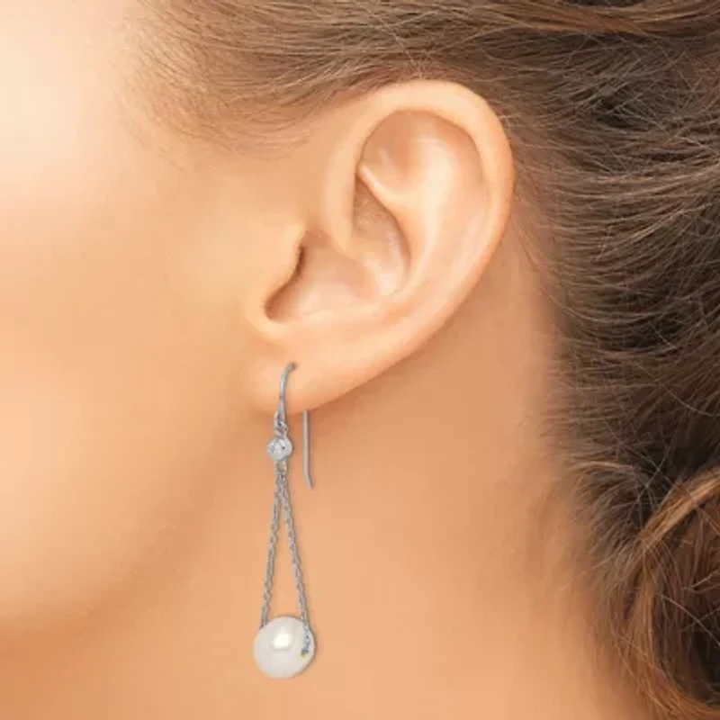 Sterling Silver Rhodium-plated 9-10mm White Freshwater Cultured Pearl Cubic Zirconia Dangle Earrings