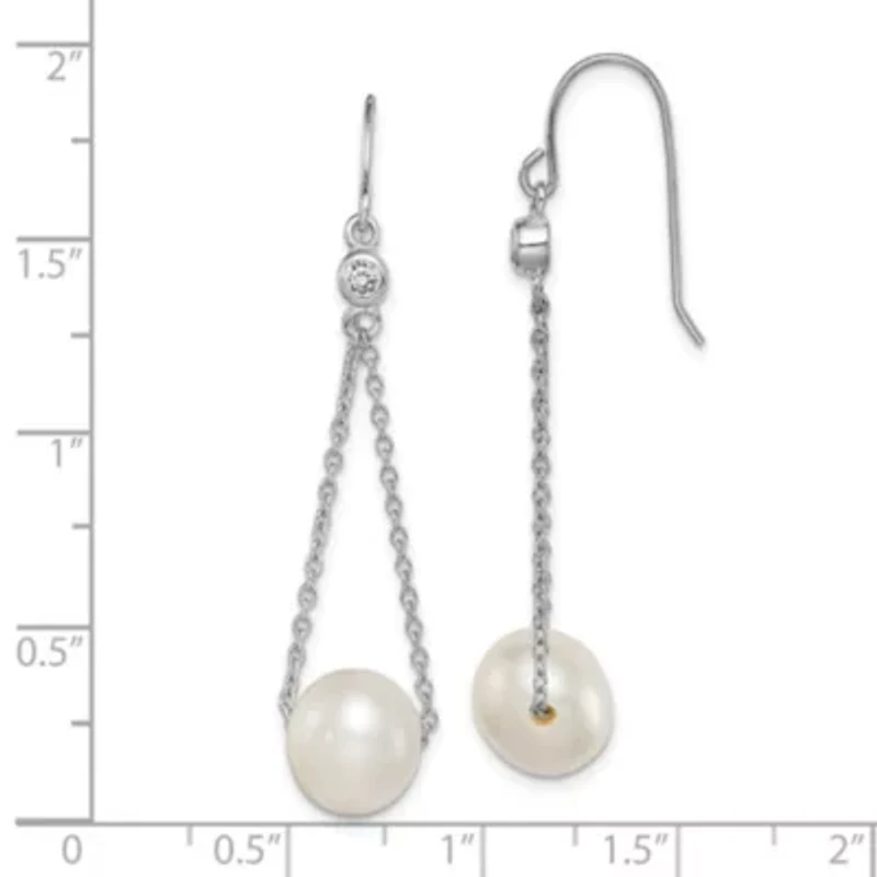 Sterling Silver Rhodium-plated 9-10mm White Freshwater Cultured Pearl Cubic Zirconia Dangle Earrings