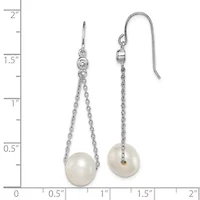 Sterling Silver Rhodium-plated 9-10mm White Freshwater Cultured Pearl Cubic Zirconia Dangle Earrings