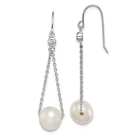 Sterling Silver Rhodium-plated 9-10mm White Freshwater Cultured Pearl Cubic Zirconia Dangle Earrings