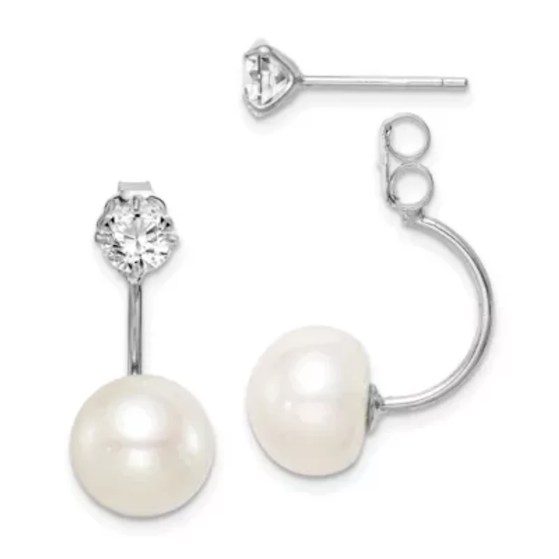 Sterling Silver Rhodium-plated 9-10mm Button Freshwater Cultured Pearl Cubic Zirconia Front/Back Earrings