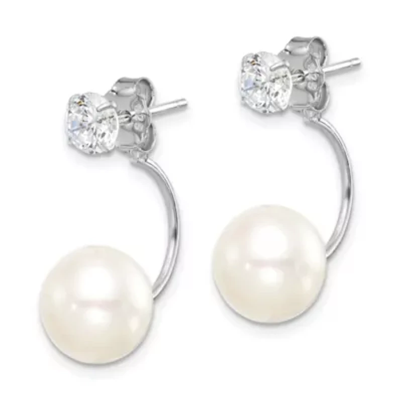 Sterling Silver Rhodium-plated 9-10mm Button Freshwater Cultured Pearl Cubic Zirconia Front/Back Earrings