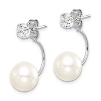 Sterling Silver Rhodium-plated 9-10mm Button Freshwater Cultured Pearl Cubic Zirconia Front/Back Earrings