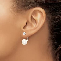 Sterling Silver Rhodium-plated 9-10mm Button Freshwater Cultured Pearl Cubic Zirconia Front/Back Earrings