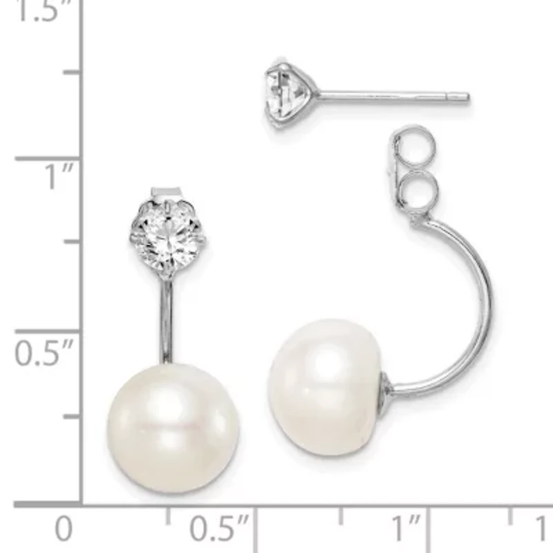 Sterling Silver Rhodium-plated 9-10mm Button Freshwater Cultured Pearl Cubic Zirconia Front/Back Earrings