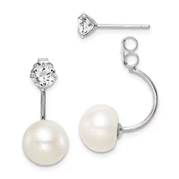 Sterling Silver Rhodium-plated 9-10mm Button Freshwater Cultured Pearl Cubic Zirconia Front/Back Earrings