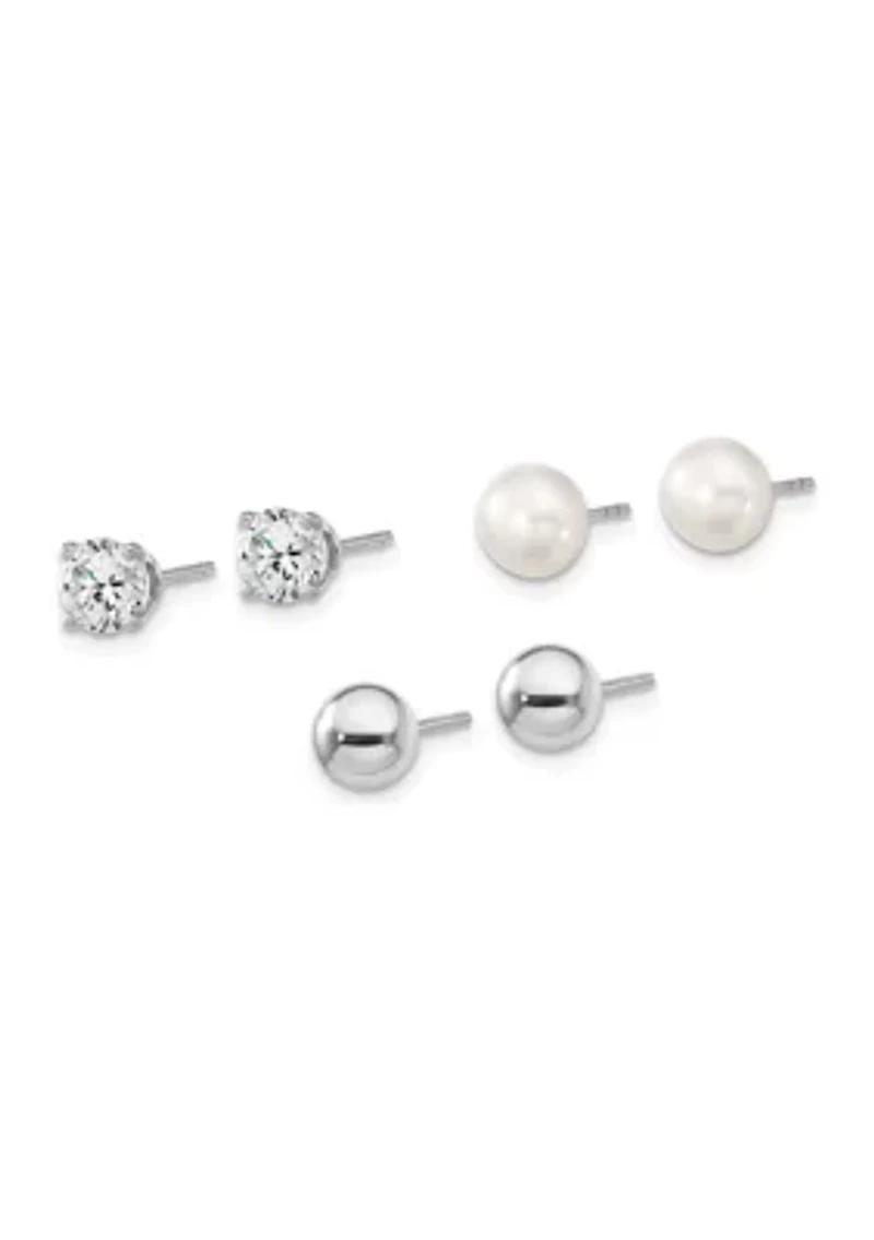 Sterling Silver Rhodium-plated Ball/ 6-7mm Button Freshwater Cultured Pearl/CZ Stud Ear Set