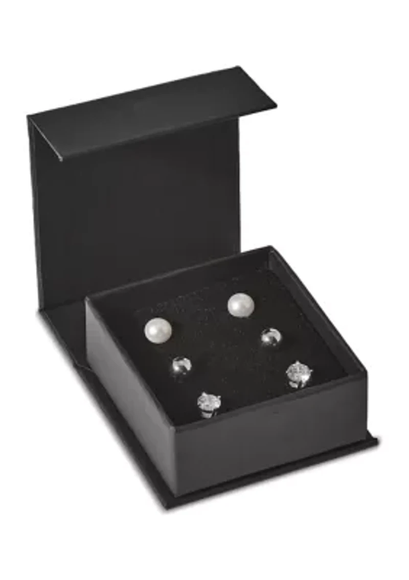 Sterling Silver Rhodium-plated Ball/ 6-7mm Button Freshwater Cultured Pearl/CZ Stud Ear Set