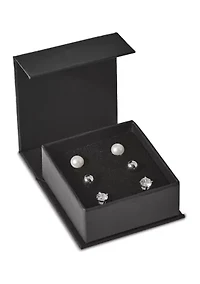 Sterling Silver Rhodium-plated Ball/ 6-7mm Button Freshwater Cultured Pearl/CZ Stud Ear Set