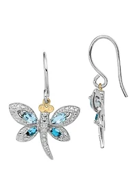 1/2 ct. t.w. Light Blue Topaz, 1 ct. t.w. London Blue Topaz and 1/10 ct. t.w. Diamond Dragonfly Earrings in Sterling Silver and 14K Gold True Two-Tone
