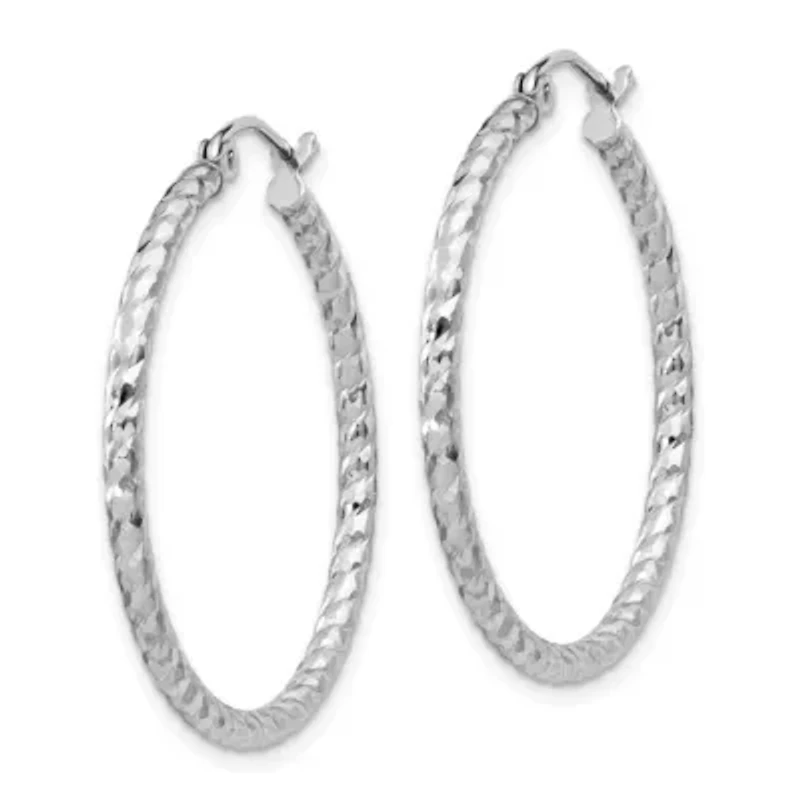 Sterling Silver Rhodium Plated Diamond-cut 2x30mm Hoop Earrings