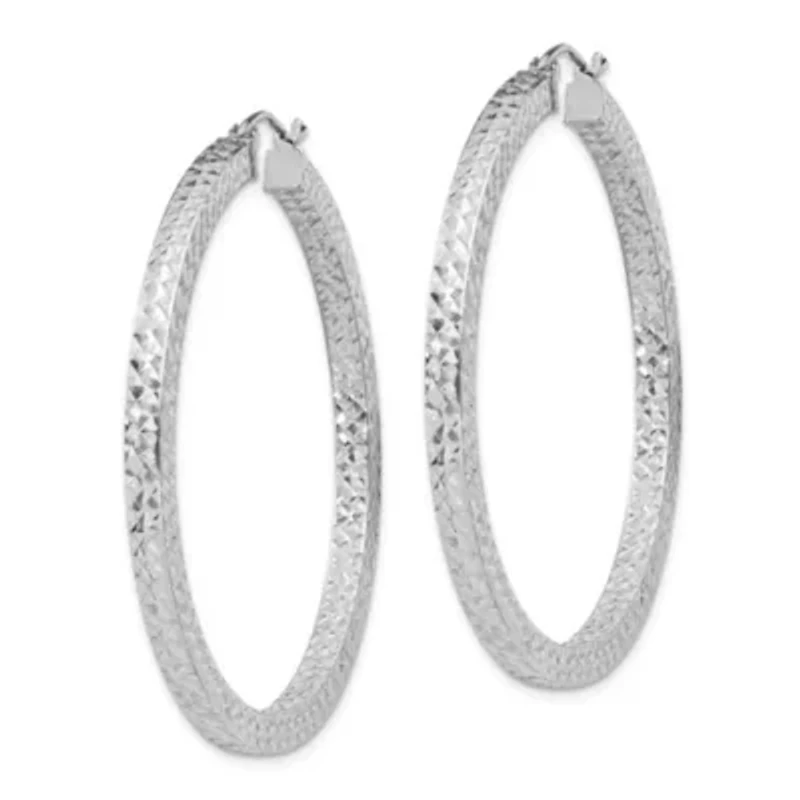 Sterling Silver Rhodium-plated Diamond-cut 3x45mm Square Tube Hoop Earrings