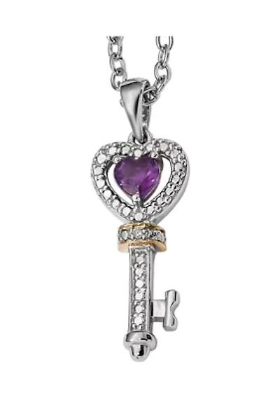 1/3 ct. t.w. Amethyst and 1/10 ct. t.w. Diamond Key 17-Inch Necklace in Sterling Silver and 14K Gold Accent