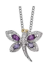 1/2 ct. t.w. Amethyst, 1/4 ct. t.w. Lolite and 1/10 ct. t.w. Diamond Dragonfly 17-Inch Necklace in Sterling Silver and 14K Gold Accent