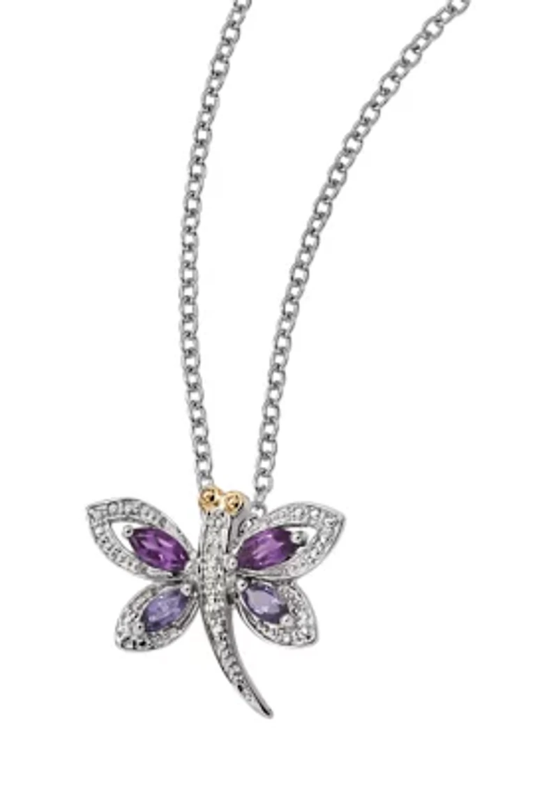 1/2 ct. t.w. Amethyst, 1/4 ct. t.w. Lolite and 1/10 ct. t.w. Diamond Dragonfly 17-Inch Necklace in Sterling Silver and 14K Gold Accent