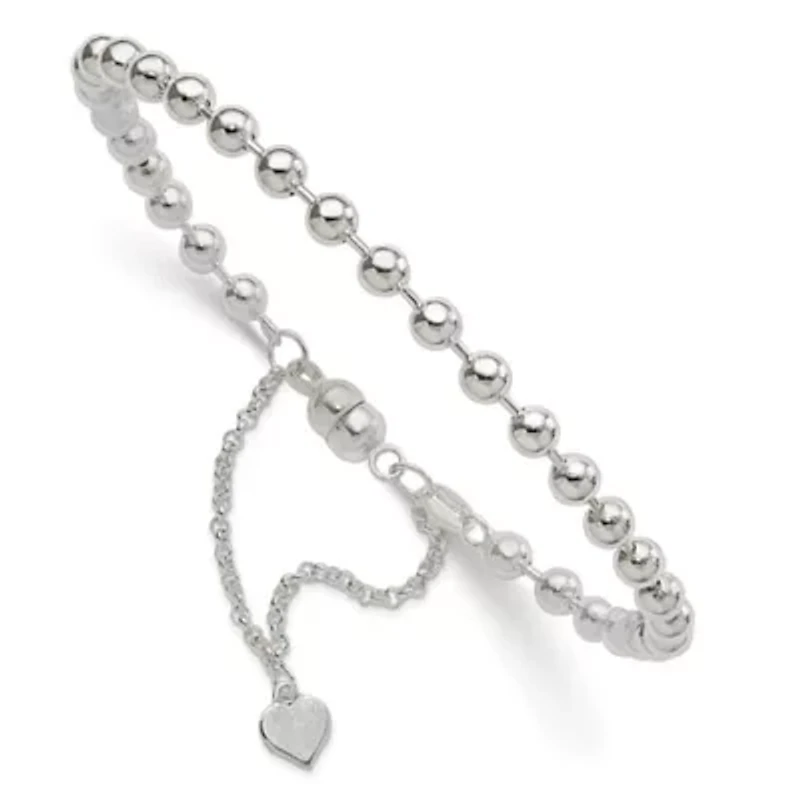 Sterling Silver Beaded Dangling Heart Bracelet
