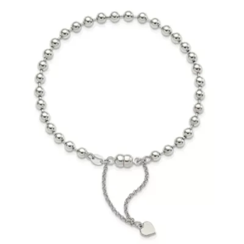 Sterling Silver Rhodium-plated 4mm Beaded Dangling Heart Bracelet