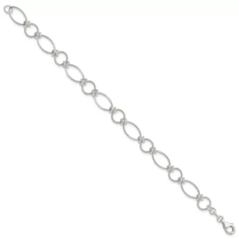Sterling Silver Polished Textured Fancy Circle and Oval Link Bracelet