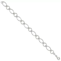 Sterling Silver Polished Textured Fancy Circle and Oval Link Bracelet