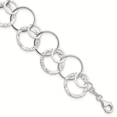 Sterling Silver Polished Textured Fancy Circle Link Bracelet