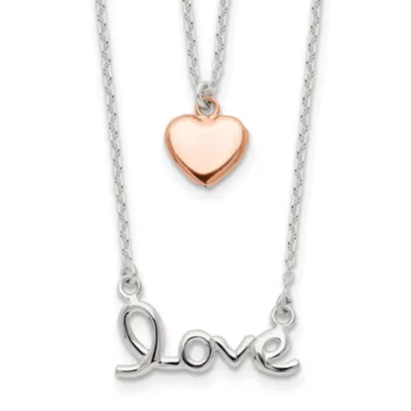 Sterling Silver Rose-tone LOVE and Heart 18-inch Necklace
