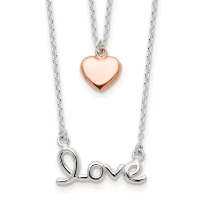 Sterling Silver Rose-tone LOVE and Heart 18-inch Necklace