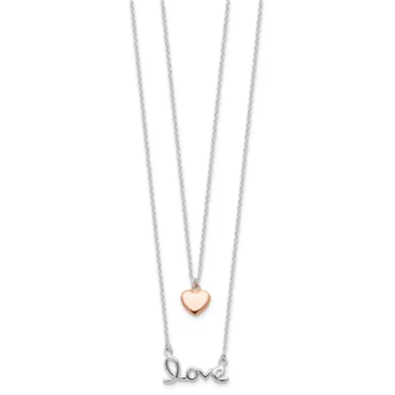 Sterling Silver Rose-tone LOVE and Heart 18-inch Necklace