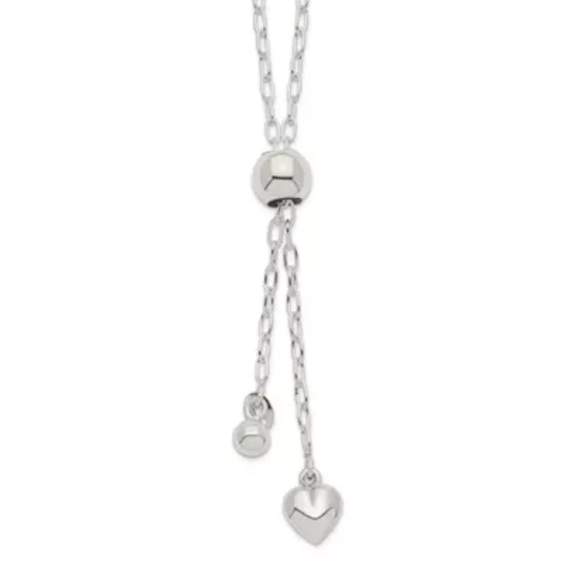 Sterling Silver 2mm Long Cable Link Heart Adjustable Necklace