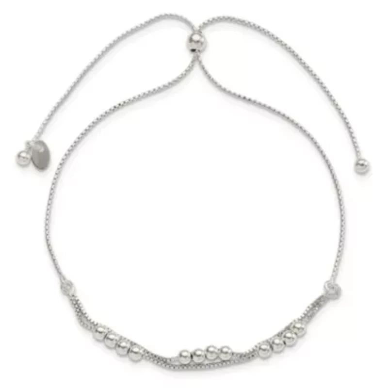 Sterling Silver Polished Beaded 2-Strand Adjustable Bracelet