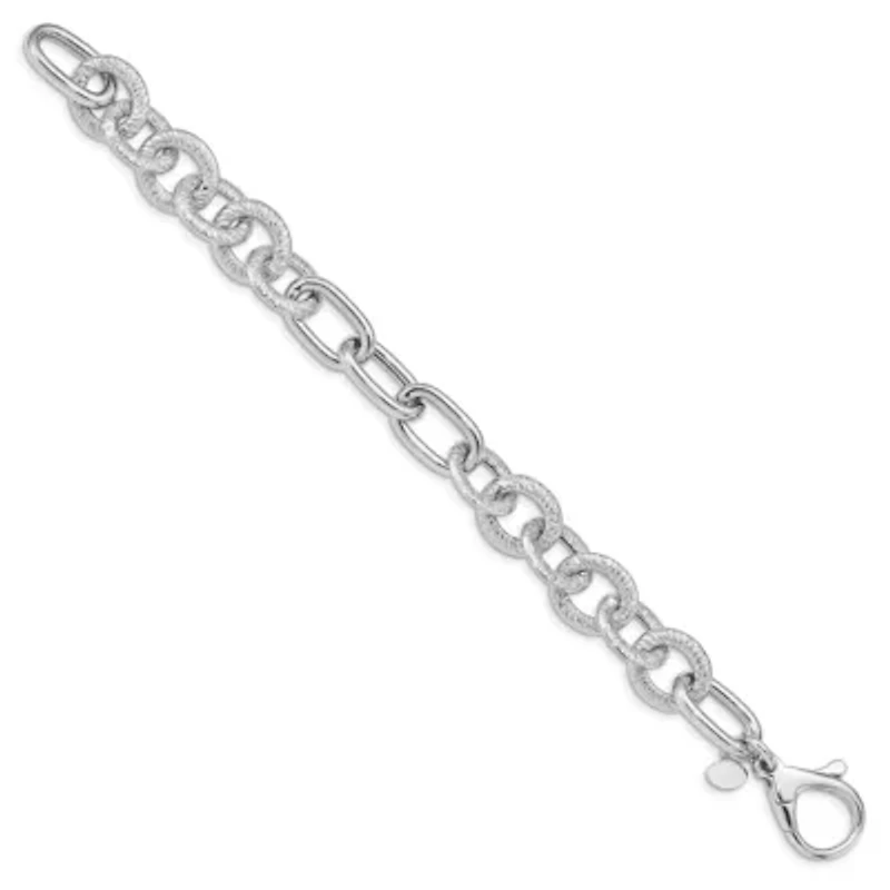 Sterling Silver Rhodium Plated Polished Textured Fancy Link Bracelet