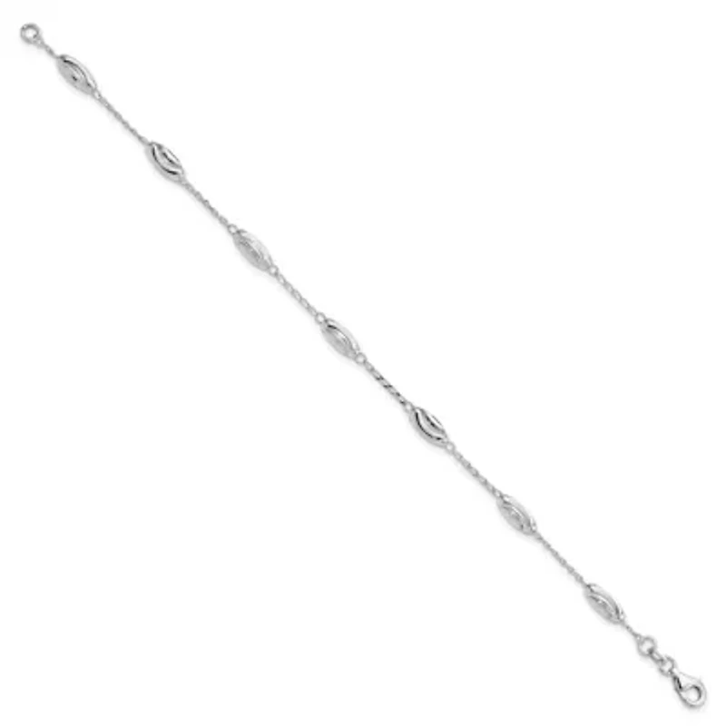 Sterling Silver Rhodium-plated Diamond-cut Oval Beads Bracelet