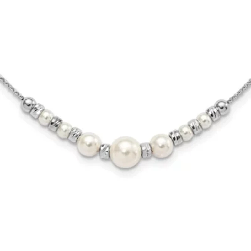 Sterling Silver Rhodium-plated Diamond-cut Bead Glass Pearl with 2-inch Extender Necklace