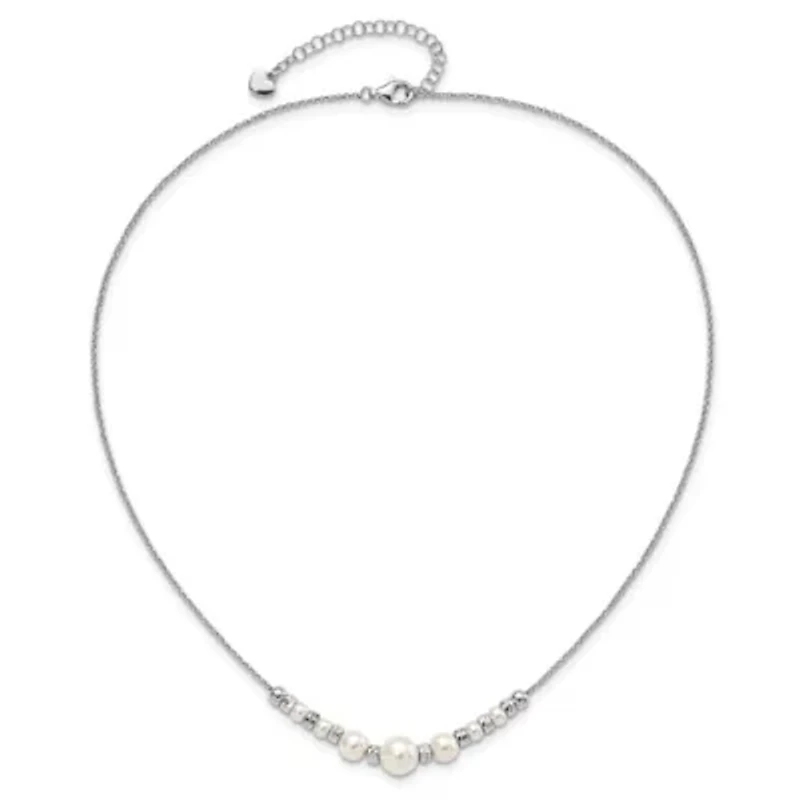 Sterling Silver Rhodium-plated Diamond-cut Bead Glass Pearl with 2-inch Extender Necklace
