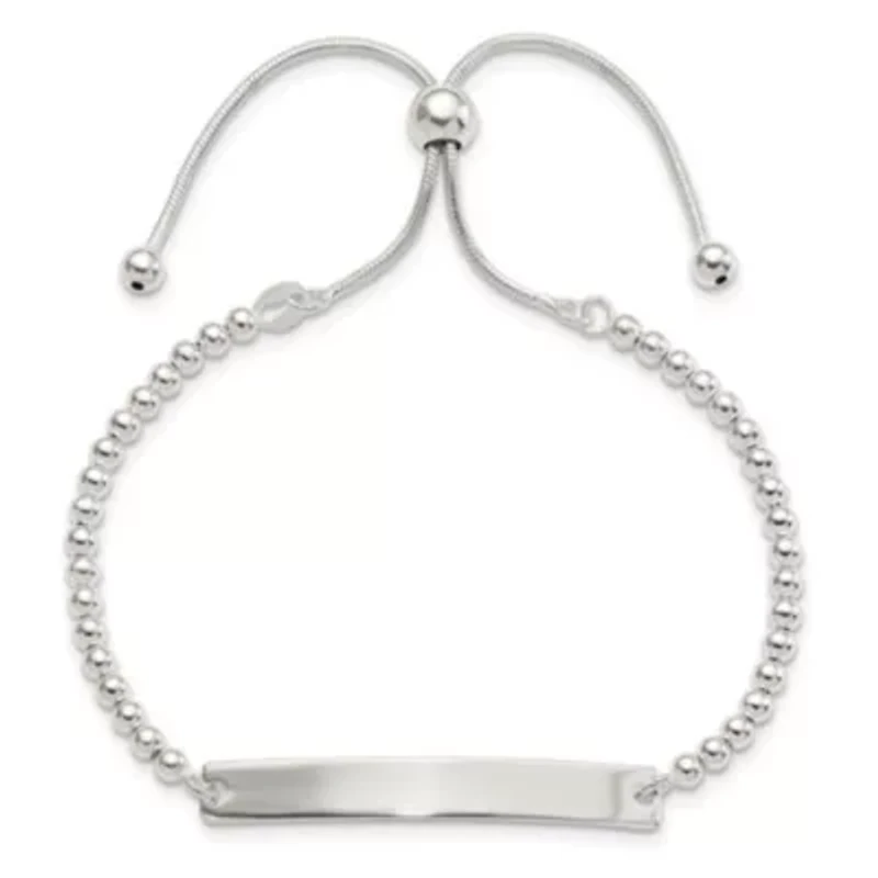 Sterling Silver Polished Beaded Adjustable ID Bracelet