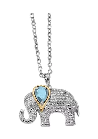 1 ct. t.w. Blue Topaz and 1/10 ct. t.w. Diamond Elephant 17-inch Necklace in Sterling Silver and 14K Gold Accent
