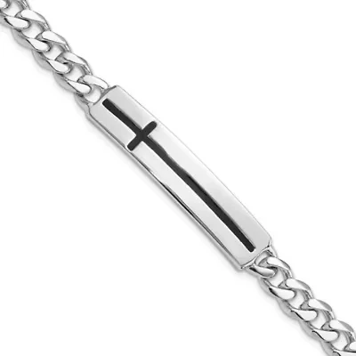 Sterling Silver Rhodium-plated Enameled Cross on Bar Men's 8-inch Bracelet