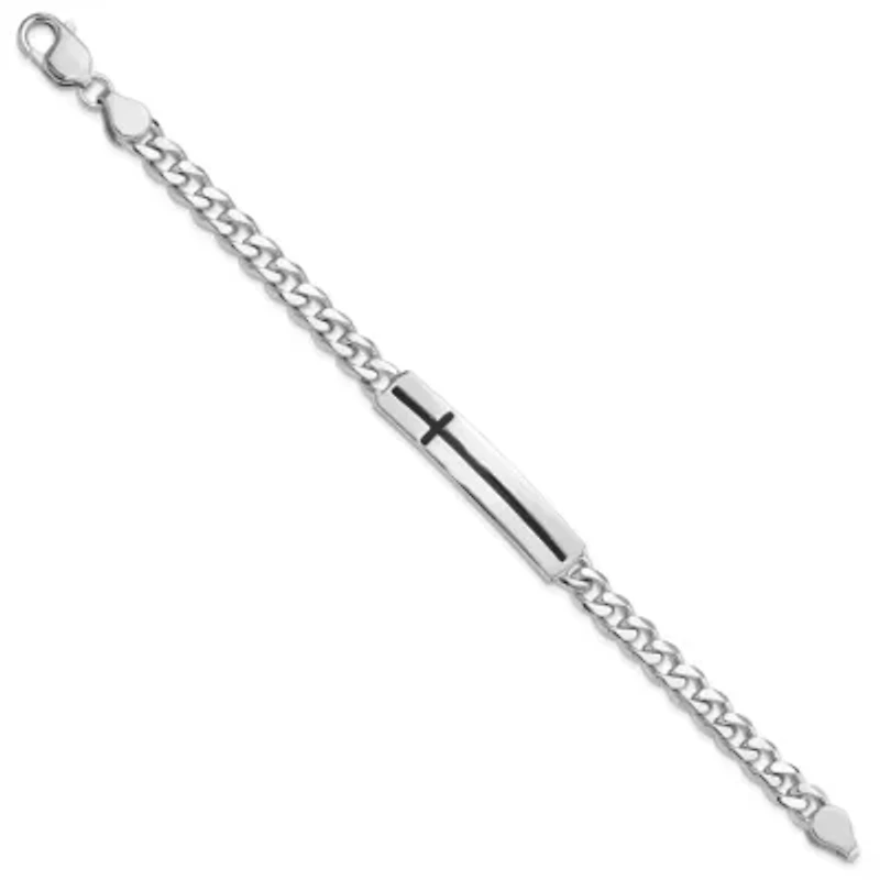 Sterling Silver Rhodium-plated Enameled Cross on Bar Men's 8-inch Bracelet