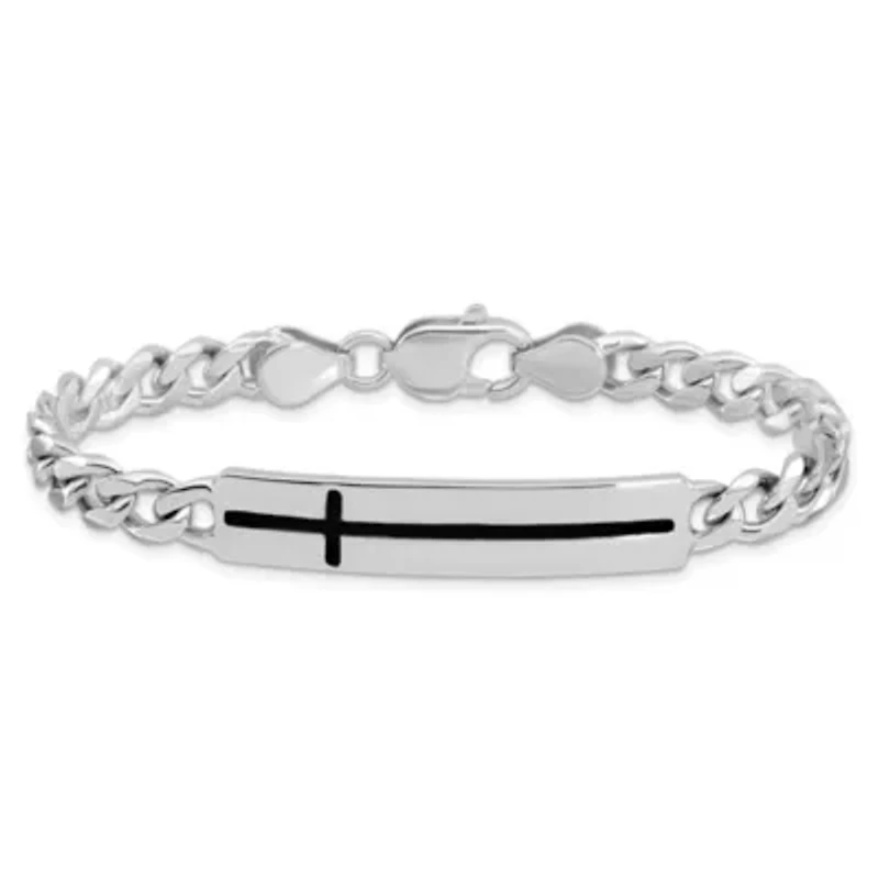 Sterling Silver Rhodium-plated Enameled Cross on Bar Men's 8-inch Bracelet