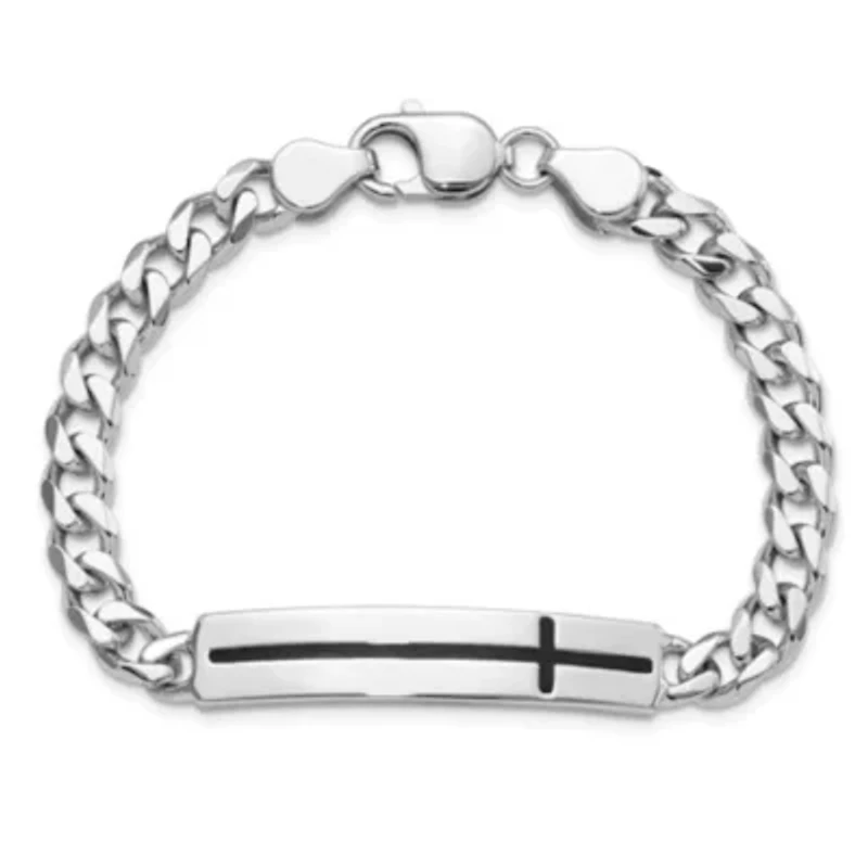 Sterling Silver Rhodium-plated Enameled Cross on Bar Men's 8-inch Bracelet
