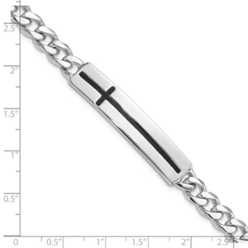 Sterling Silver Rhodium-plated Enameled Cross on Bar Men's 8-inch Bracelet
