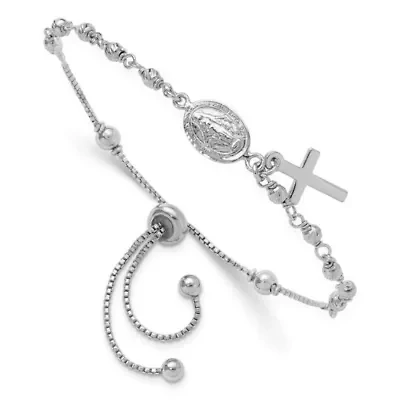Sterling Silver Rhodium-plated Cross Dangle Rosary Adjustable Bracelet