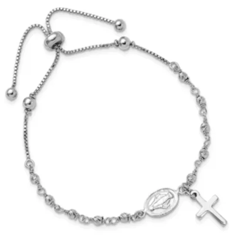 Sterling Silver Rhodium-plated Cross Dangle Rosary Adjustable Bracelet